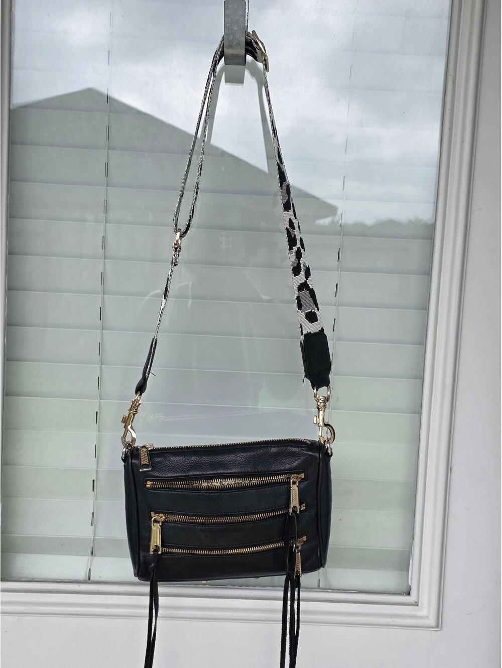 Rebecca Minkoff Black Leather Crossbody Bag Gold Zip Wide Leopard Strap